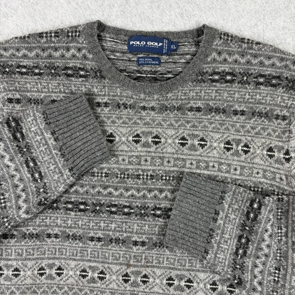 Polo Golf Ralph Lauren Sweater Mens XL Gray Wool Cashmere Fair Isle‎ Nordic Knit